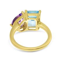 14K Yellow Gold  Emerald Cut Blue Topaz and Pear Pink Amethyst Duo Ring