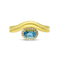 14K Yellow Gold Oval Blue Topaz and Diamond Wave Ring