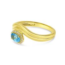 14K Yellow Gold Oval Blue Topaz and Diamond Wave Ring