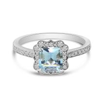 14K White Gold Octagon Aquamarine and Diamond Halo Ring