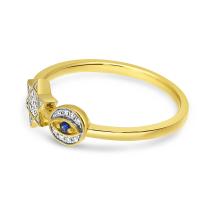 14K Yellow Gold Diamond Star and Evil Eye with Sapphire Precious Ring
