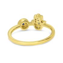 14K Yellow Gold Diamond Hamsa and Evil Eye with Sapphire Precious Ring