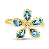 14K Yellow Gold Bezel Pear Blue Topaz Floral Semi Precious Ring