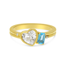 14K Yellow Gold Duo Heart Shape White Topaz and Octagon Blue Topaz Ring