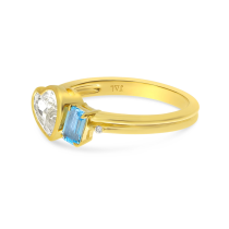 14K Yellow Gold Duo Heart Shape White Topaz and Octagon Blue Topaz Ring