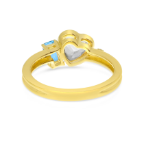 14K Yellow Gold Duo Heart Shape White Topaz and Octagon Blue Topaz Ring