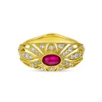 14K Yellow Gold Oval Ruby and Diamond Art Deco Precious Ring