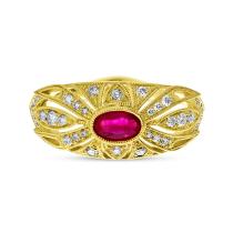 14K Yellow Gold Oval Ruby and Diamond Art Deco Precious Ring