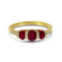 14K Yellow Gold Three stone Oval Ruby and Diamond Band