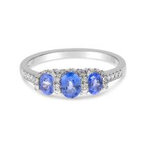 14K White Gold Three stone Oval Sapphire and Diamond Band