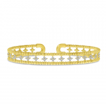 14K Yellow Gold Double Row Flower Diamond Flexible Cuff Bracelet