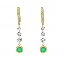 14K Yellow Gold Dashing Diamond Emerald Bezel Dangle Earrings